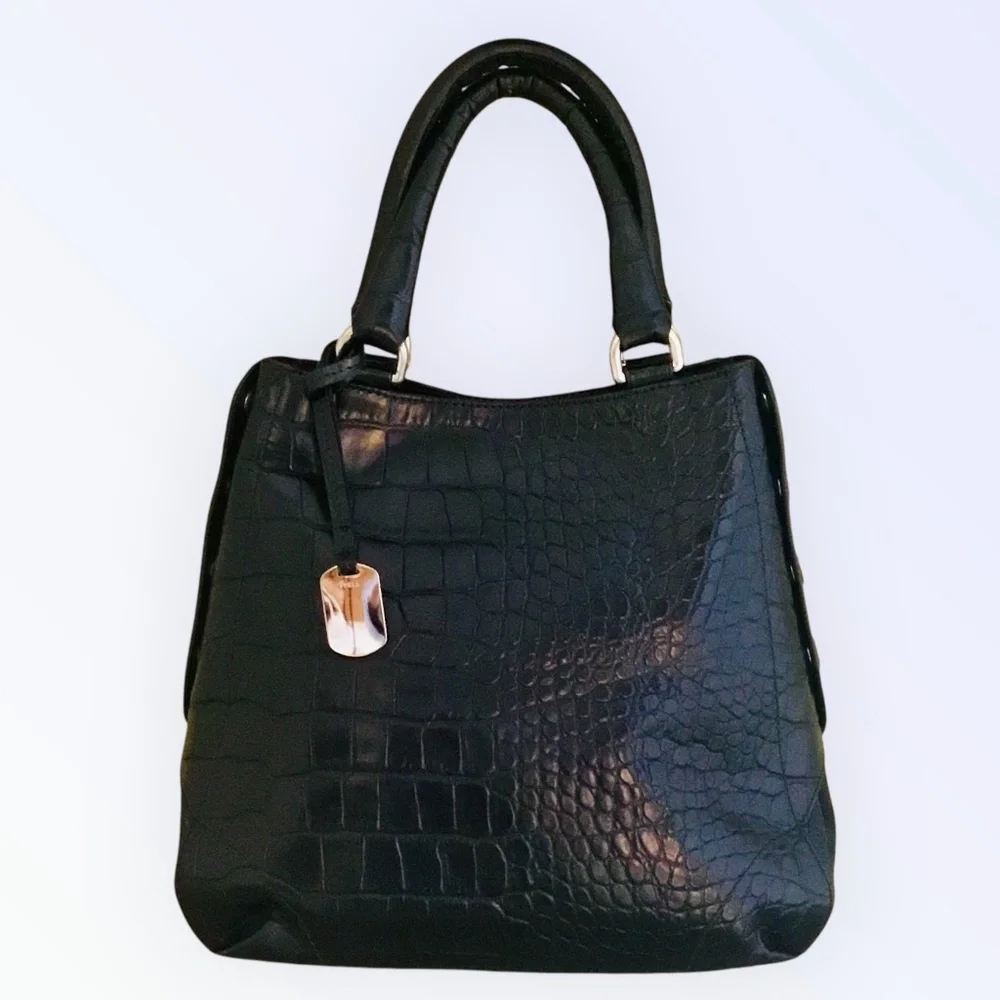 Furla Onyx Black Leather Embossed Croc Tote Bag